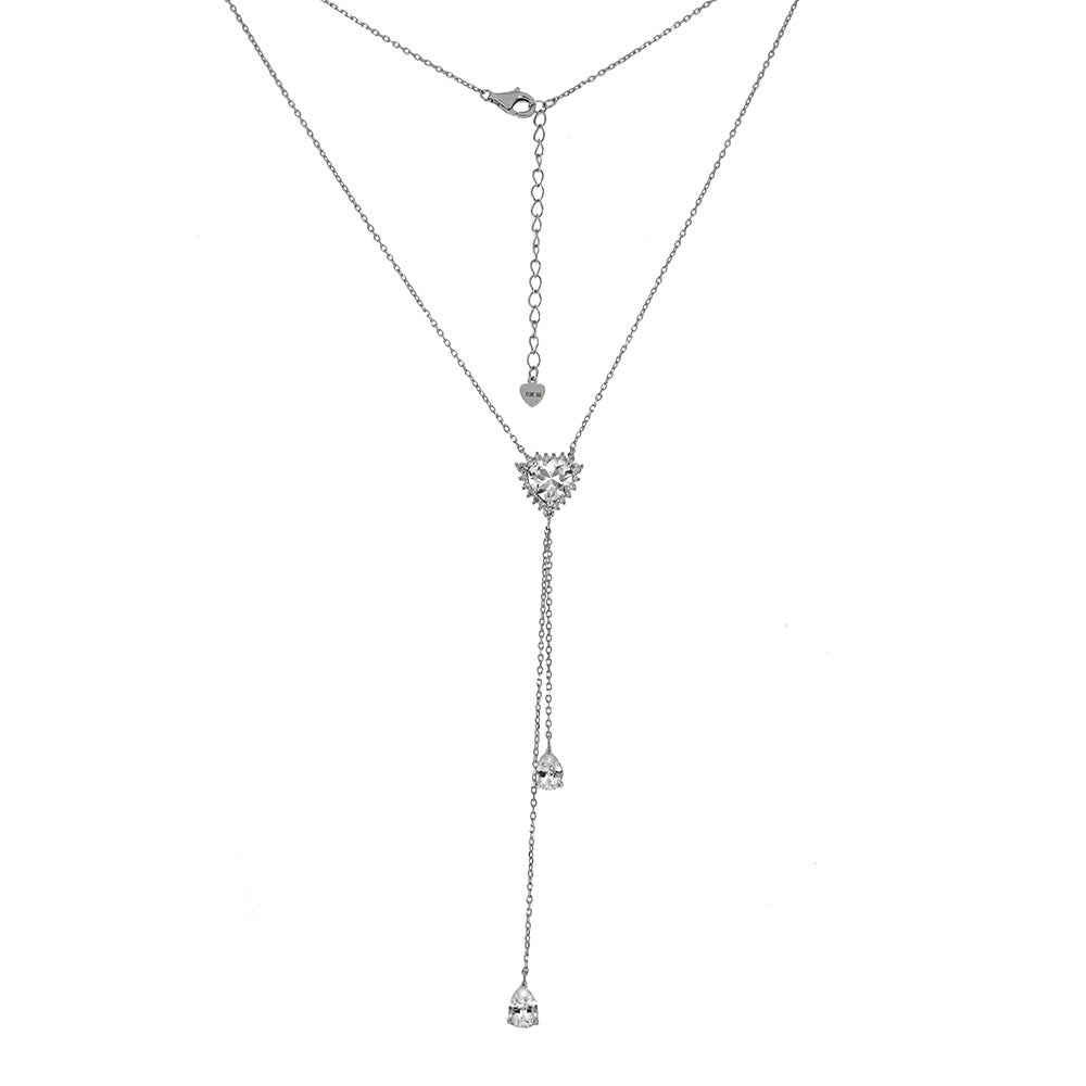 Heart Pear Shape CZ Rhodium Y Necklace