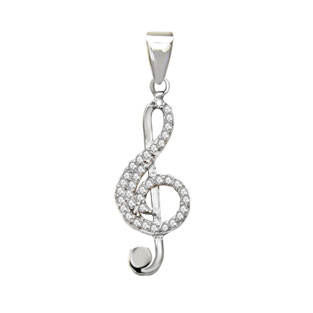 Treble Clef Rhodium CZ Pendant