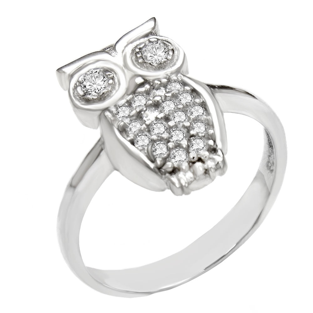 Sterling Silver Rhodium CZ Owl Ring