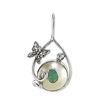 Sterling Silver Mabe Pearl W Genuine Opal Butterfly Pendant
