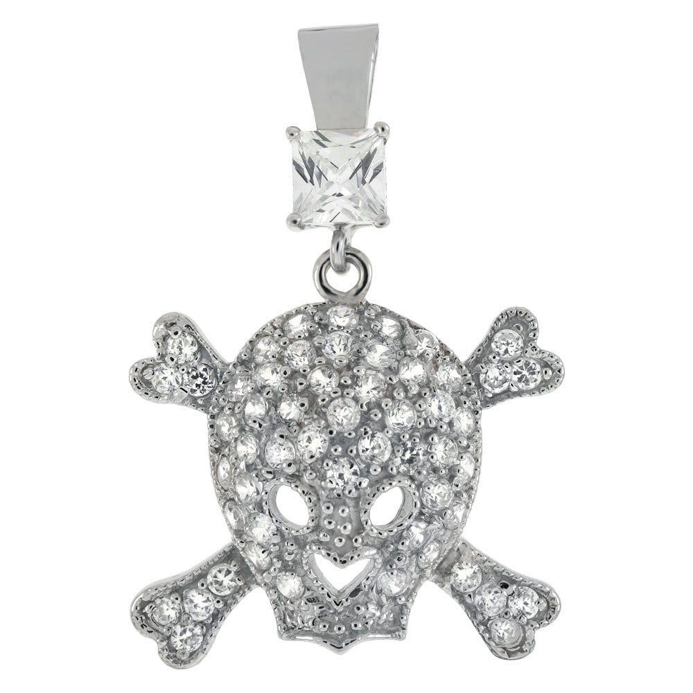 Sterling Silver Skull Crossbones CZ Pendant