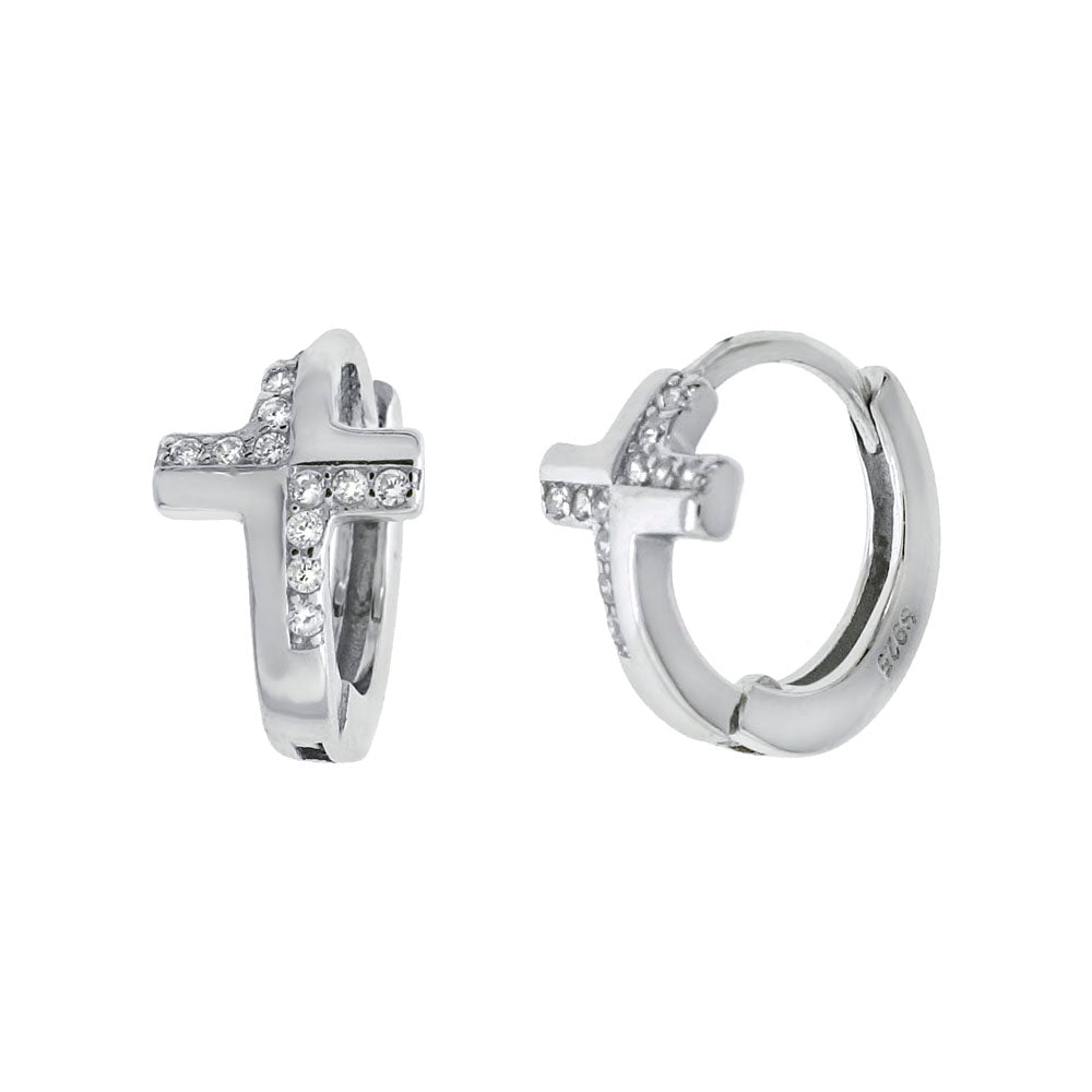 Sterling Silver Cross Cubic Zirconia Huggie Earrings