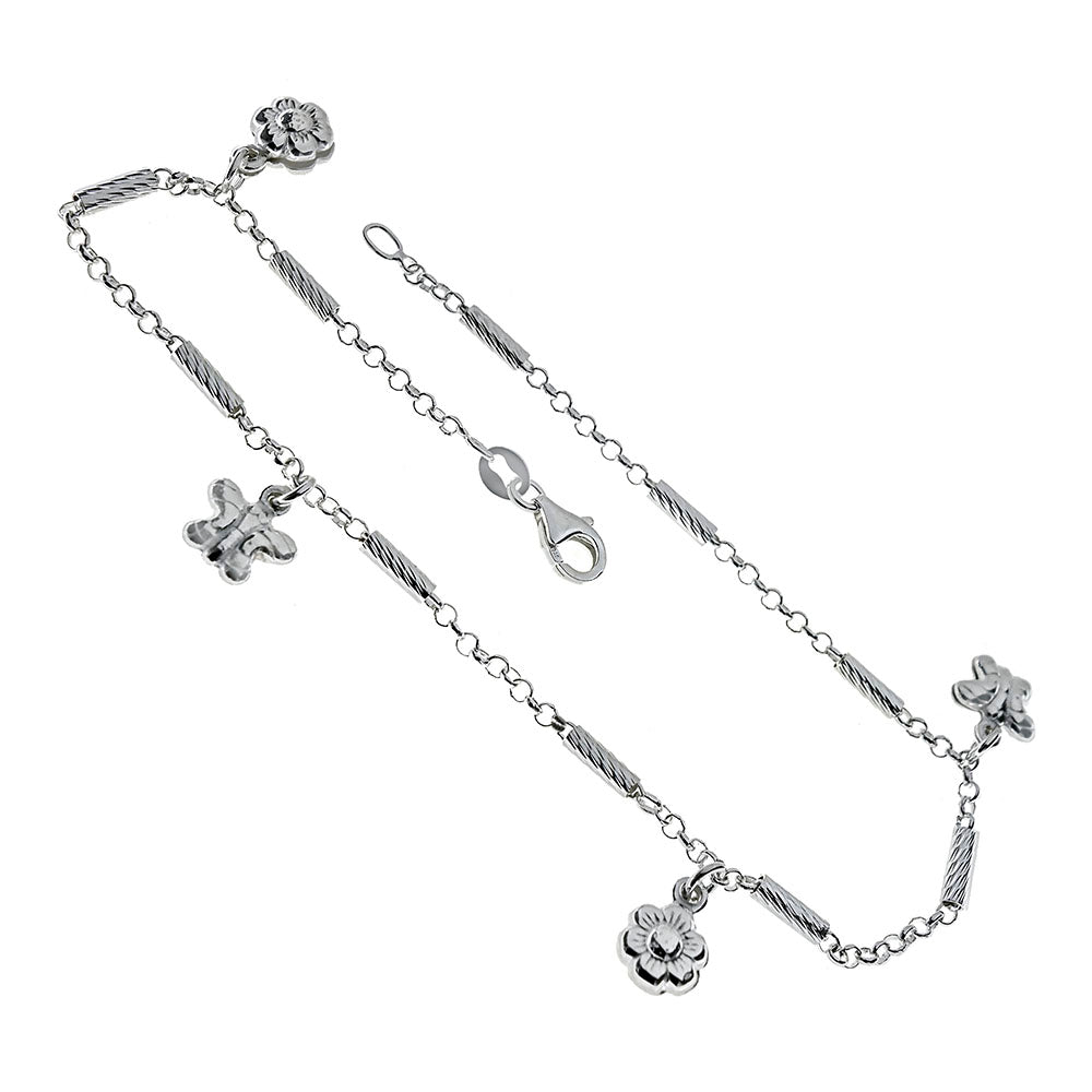 sterling silver ankle bracelet - butterfly and flower charms