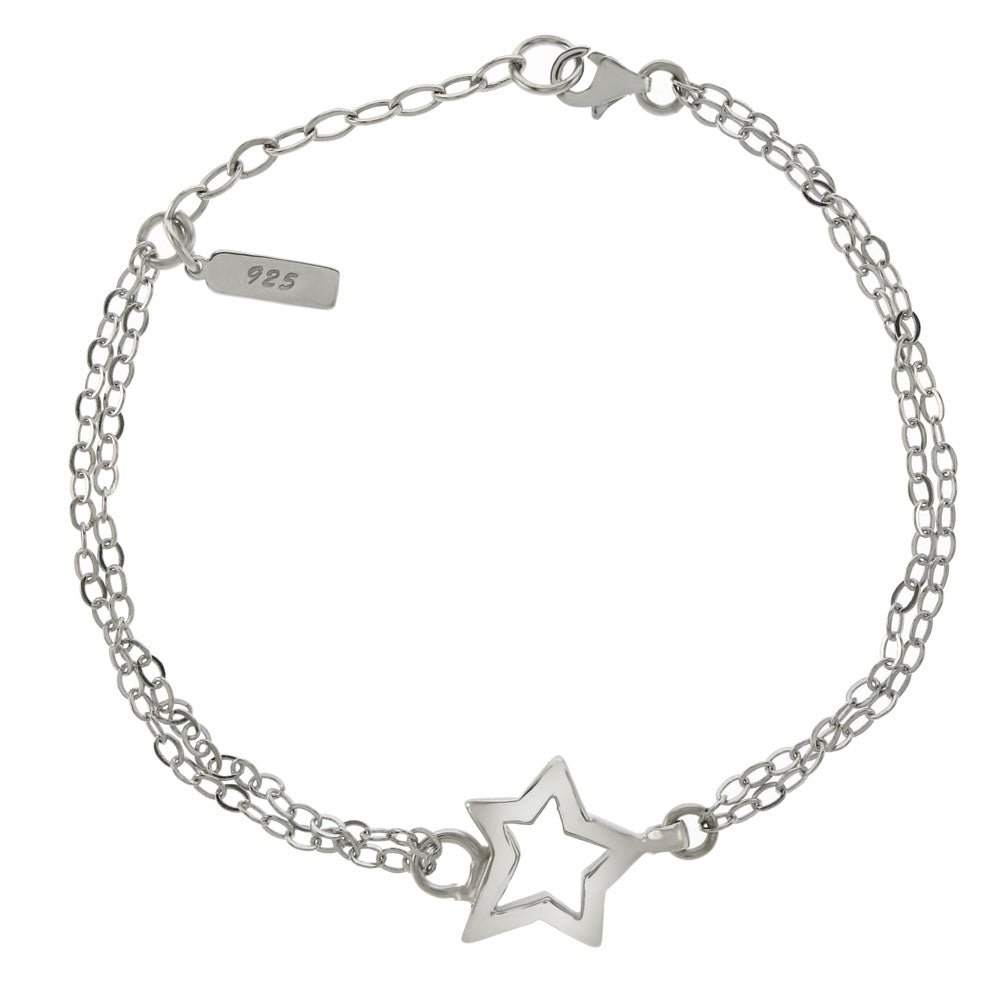 Cutout Star - Double Strands Rolo Sterling Silver Rhodium Bracelet