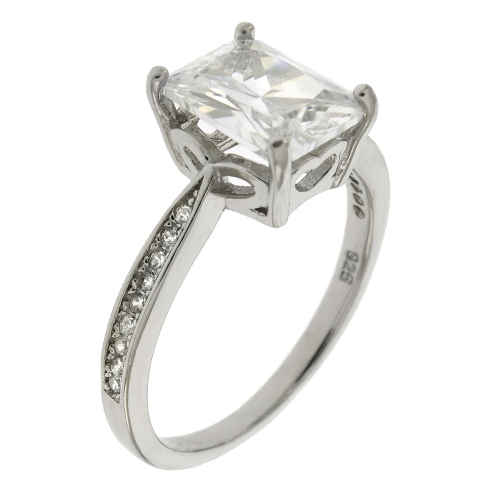 Emerald Cut Solitaire Sterling Silver Engagement Ring