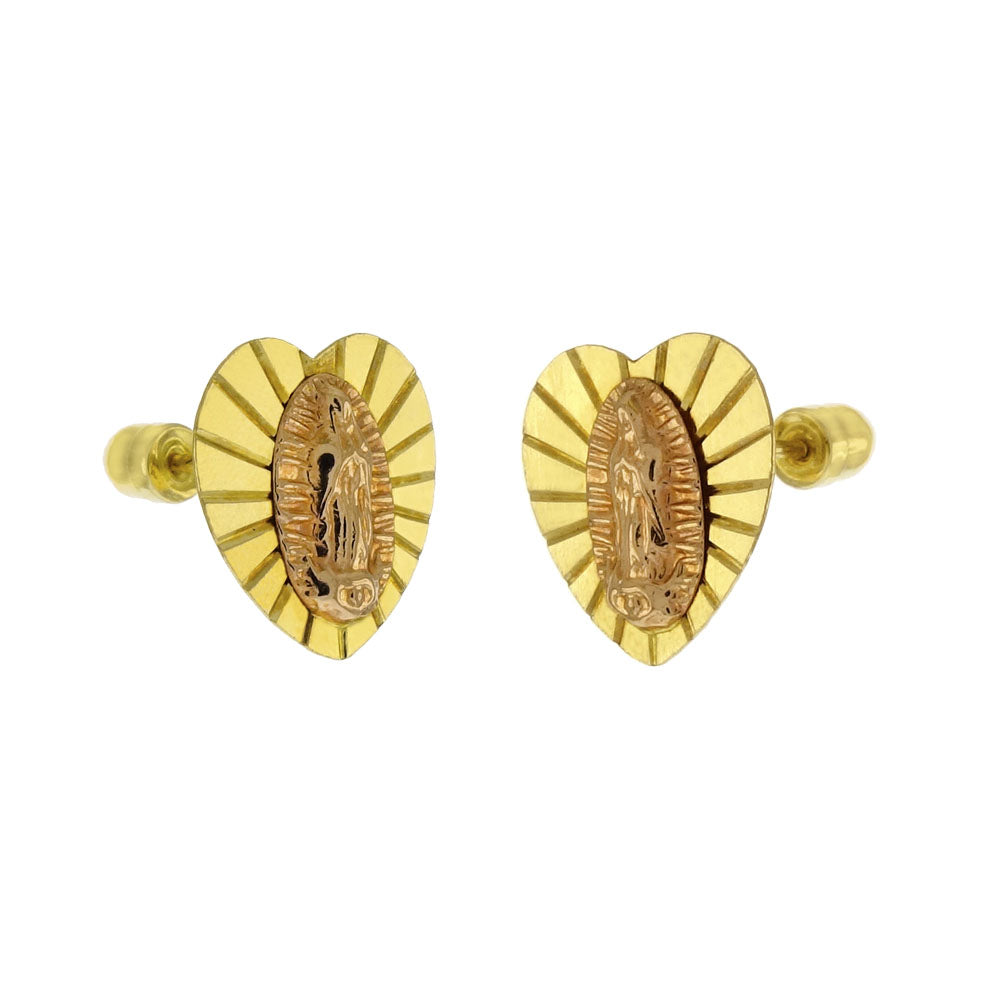 14K Gold Lady of Guadalupe 2 Tone Heart Shape Screw Back Stud Earrings