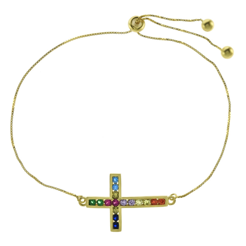 0.8mm Box Chain Multi Color CZ Sideways Cross Gold Plated Adjustable Bracelet