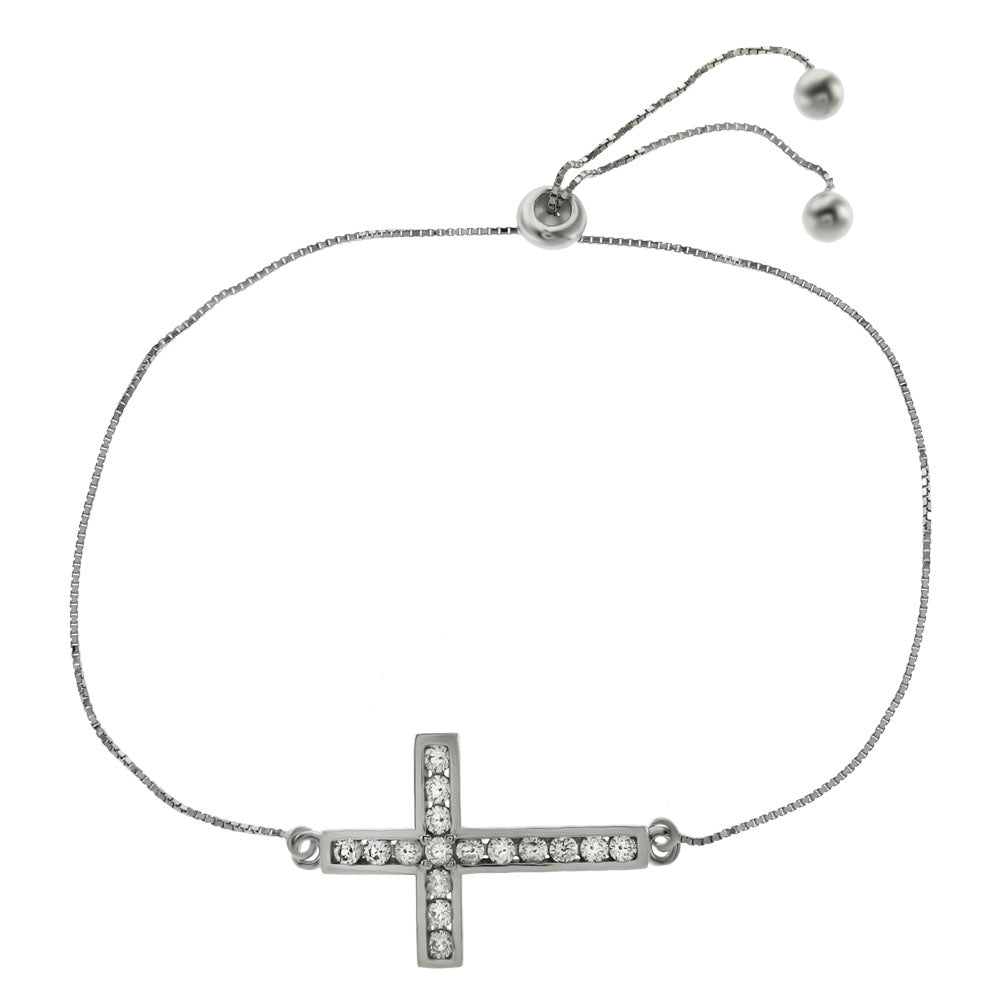 0.8mm Box Chain CZ Sideways Cross Adjustable Rhodium Bracelet