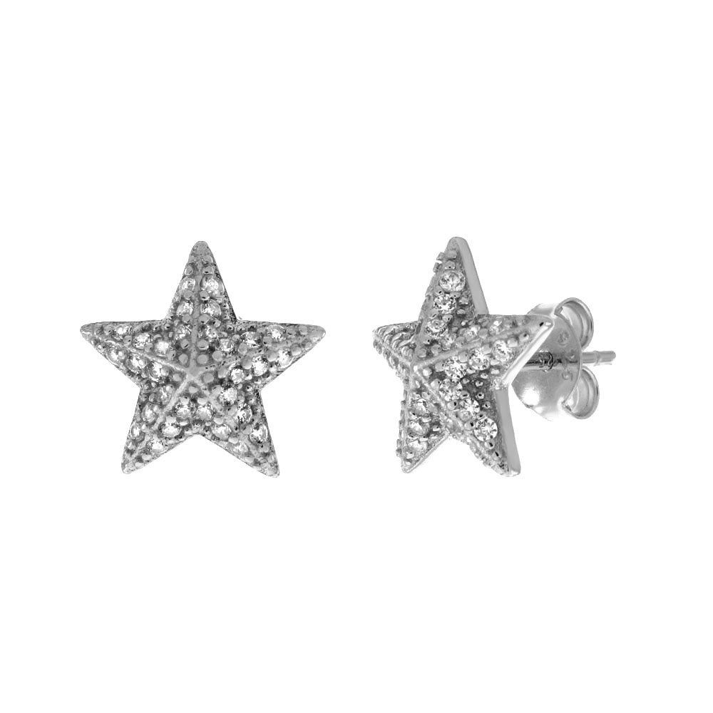 Sterling Silver Pave CZ Star Stud Earrings