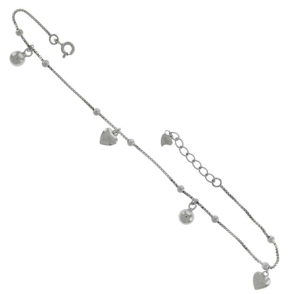1mm Box Chain with Dangle Ball Heart Rhodium Anklet