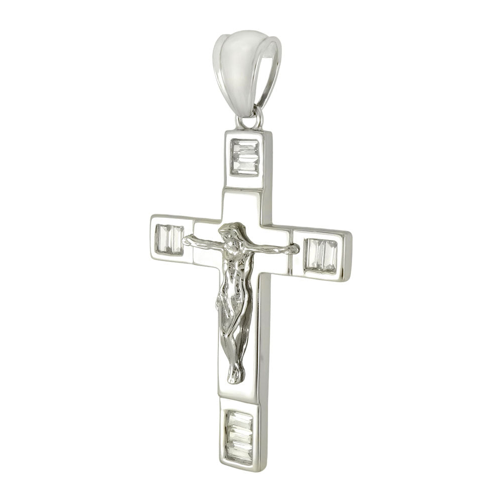 Polished Rhodium Crucifix - Baguette CZ Cross Pendant