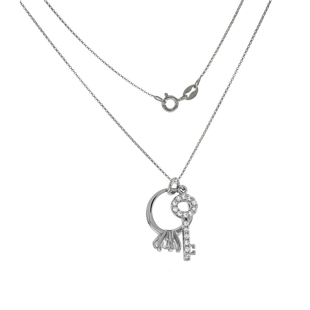Cable Chain W 6mm CZ Solitaire Ring Key CZ Rhodium Necklace
