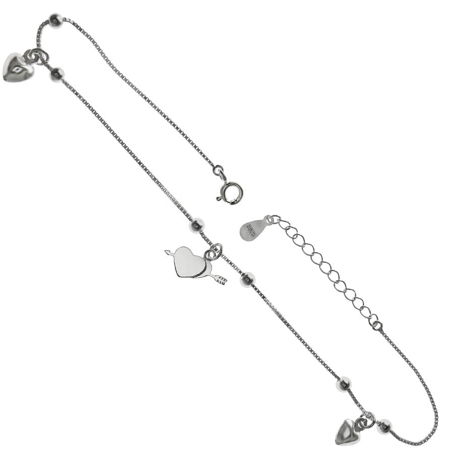 Box Chain - Beads & Hearts Sterling Silver Anklet