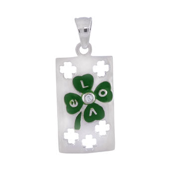 Sterling Silver Green Enamel Clover Leaf On Rectangle Tag Pendant