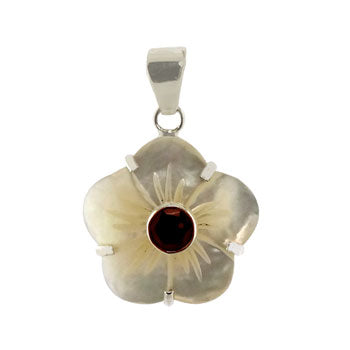 Flower Crafted Shell With Garnet Pendant