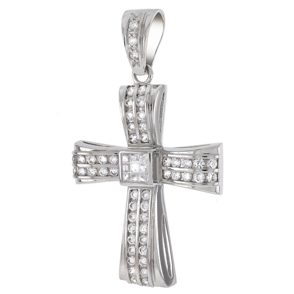 Center Invisible Square W Round CZ Sterling Silver HIP HOP Cross Pendant