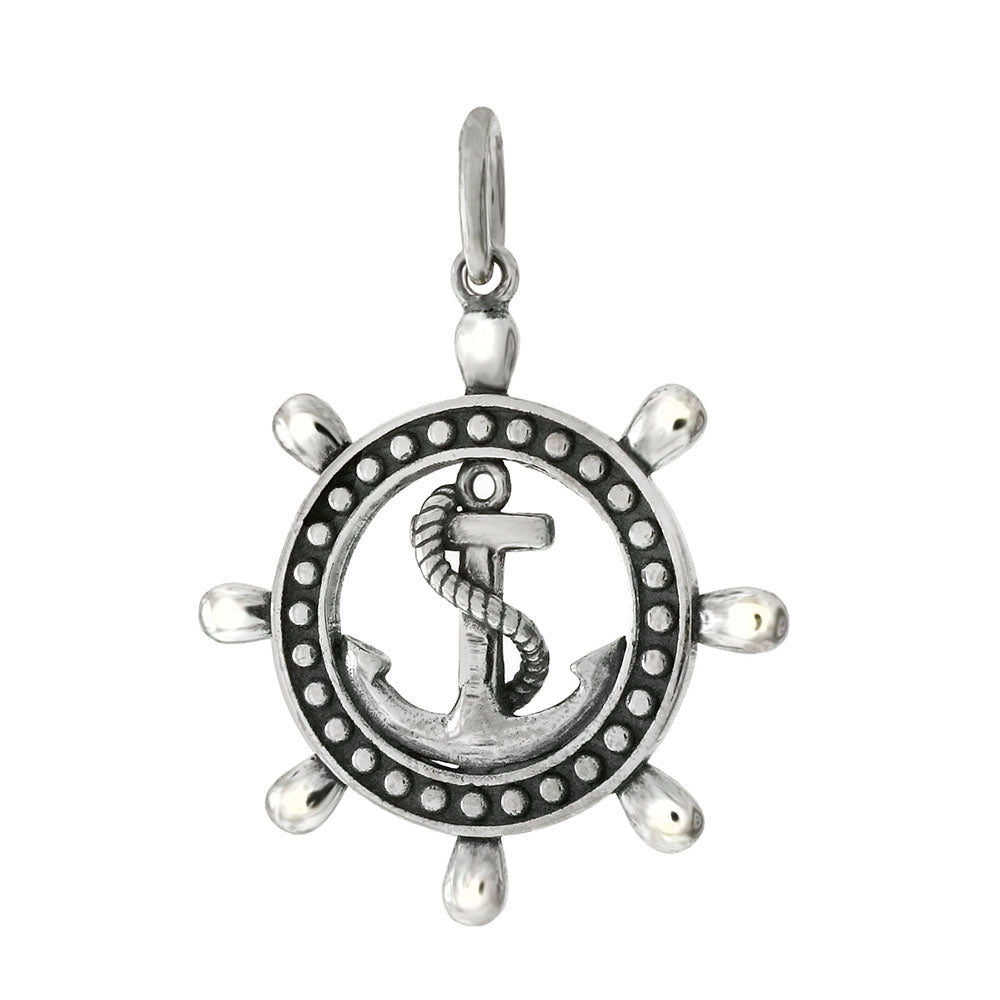 Sterling Silver Mariner Anchor Wheel Oxidized Pendant