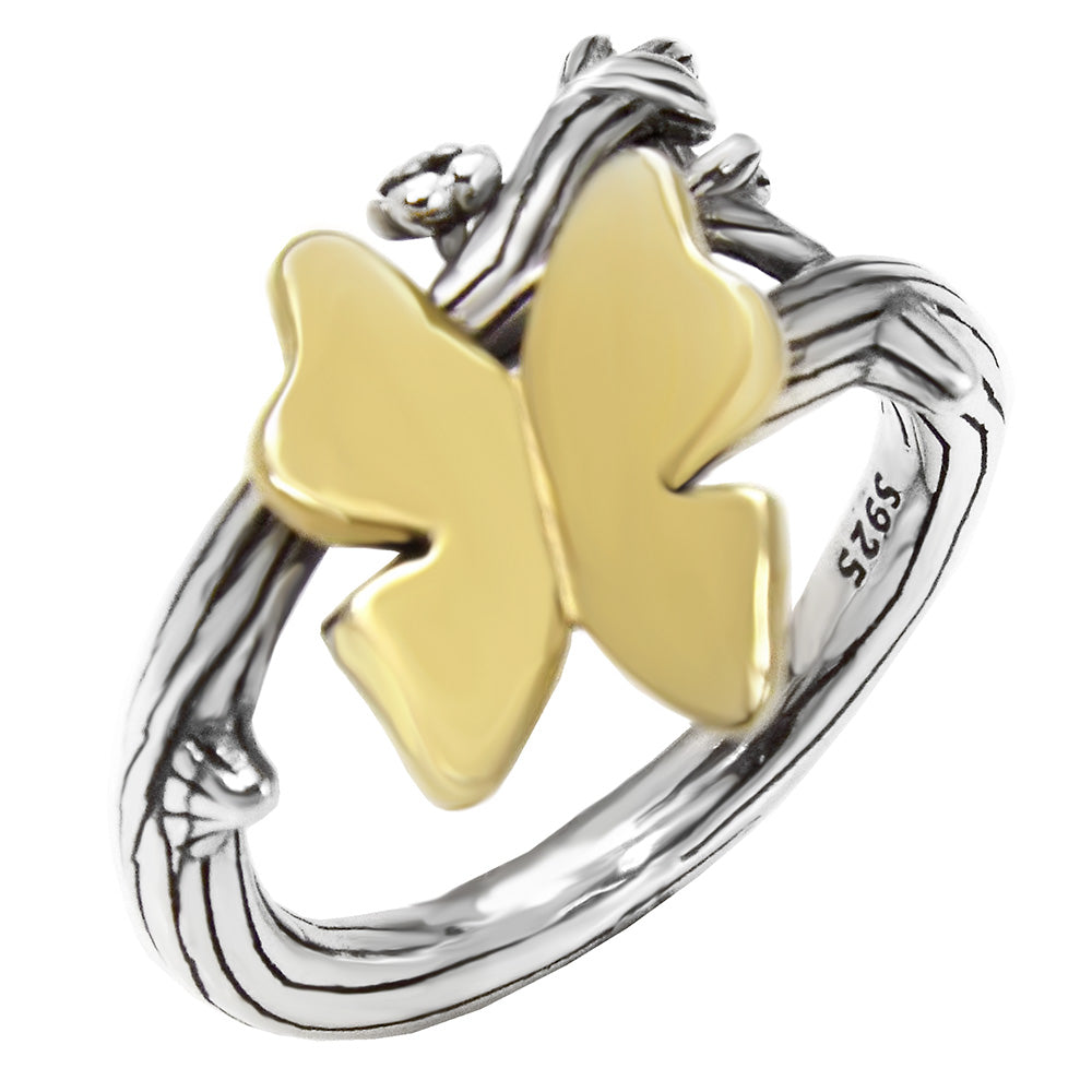 Sterling Silver Oxidized W Gold Plated Butterfly Ring