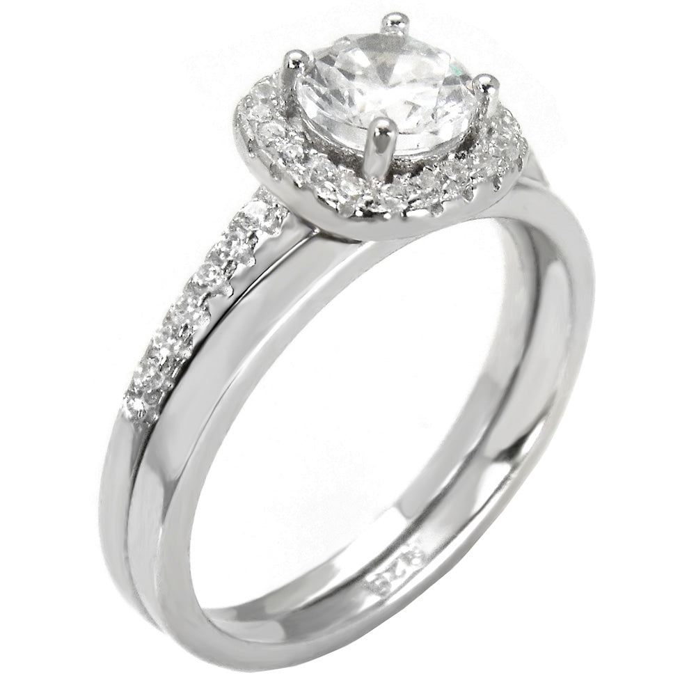 Sterling Silver Halo CZ Engagement Ring W 2mm Rhodium Band Bridal Set