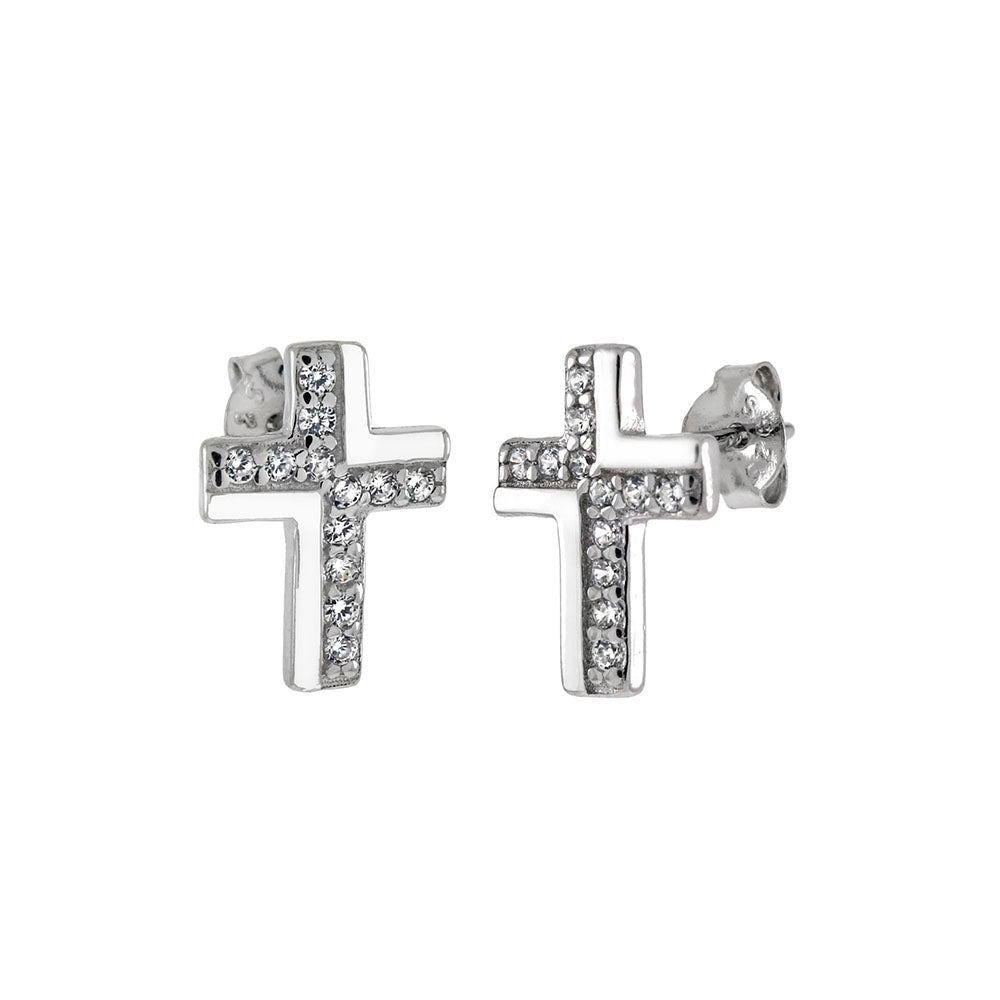 CZ Cross Rhodium Stud Earrings