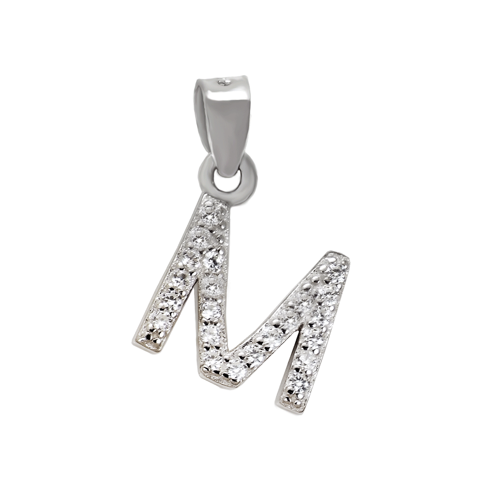 Sterling Silver Small Initial M CZ Pendant Rhodium