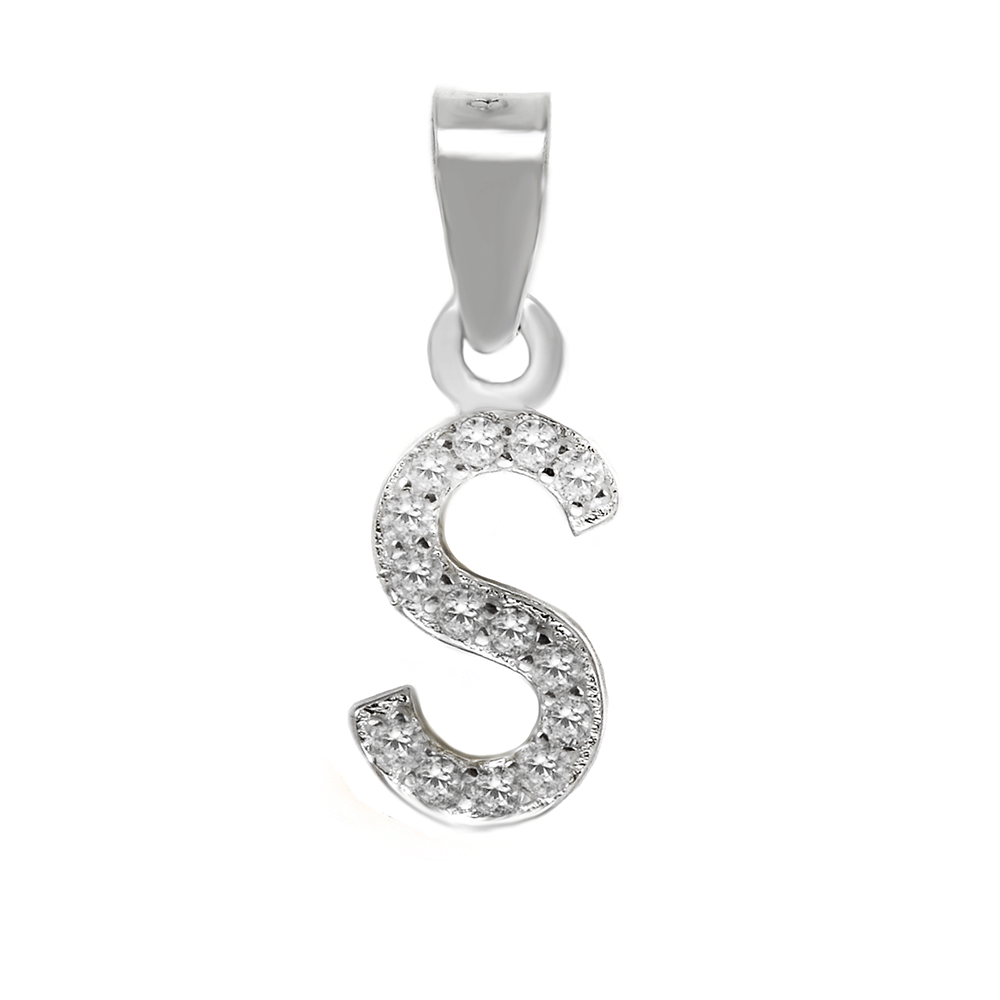 Sterling Silver Small Initial S CZ Pendant Rhodium