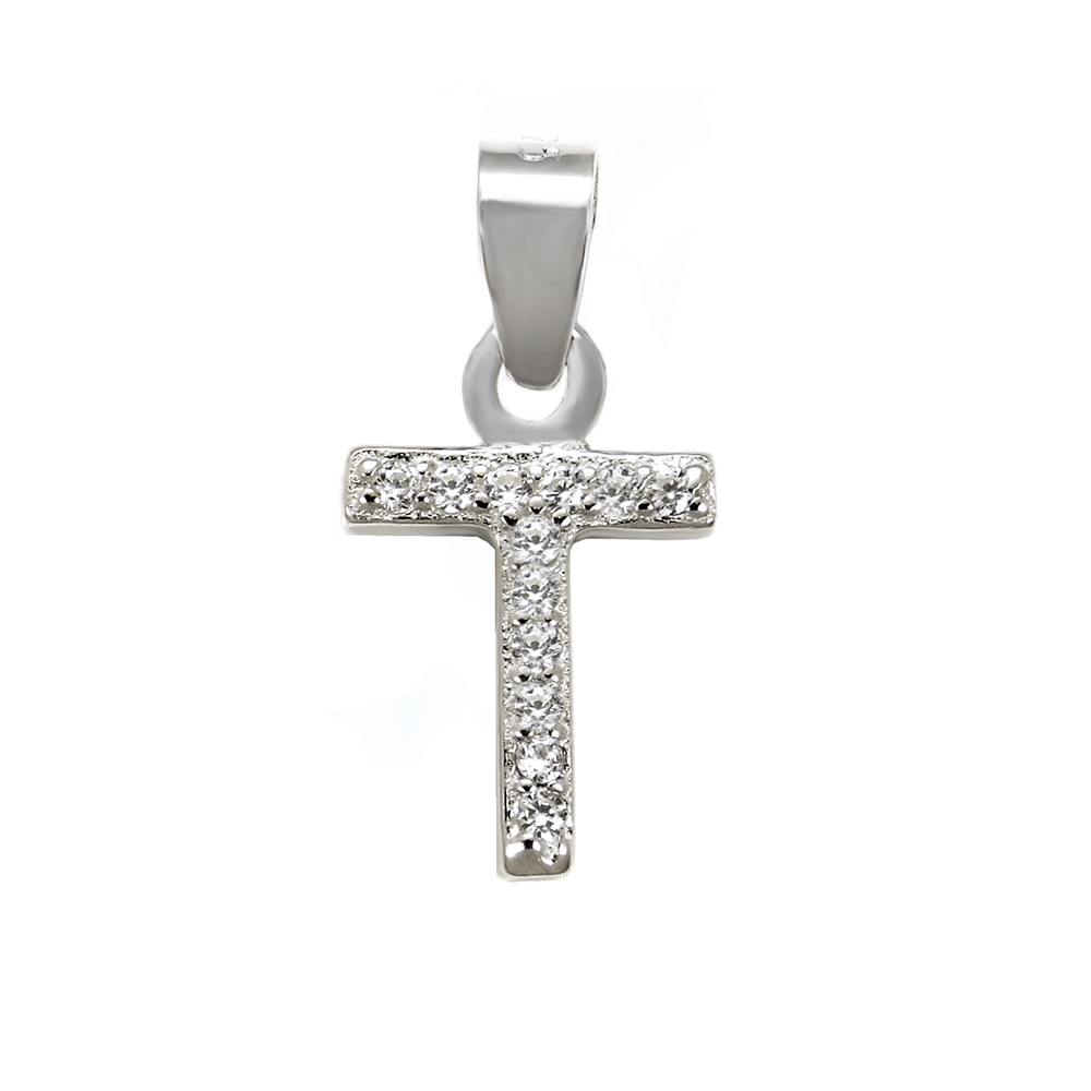 Sterling Silver Small Initial T CZ Pendant Rhodium