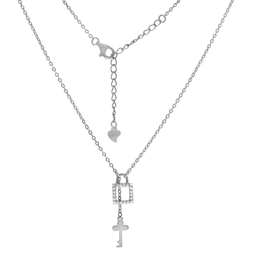 Sterling Silver Rolo D C CZ Lock Key Pendant Rhodium Necklace