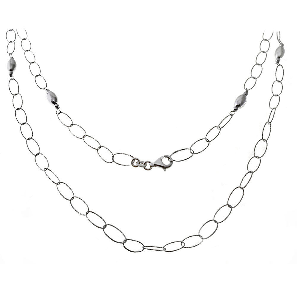 Italian Fancy Oval Rolo Long Rhodium Necklace