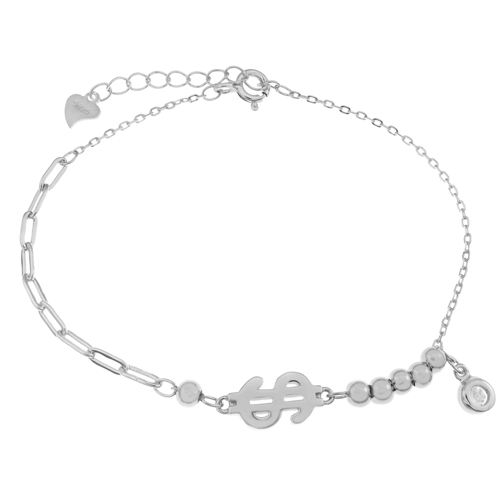 mixed chain sterling silver bracelet with dollar sign charm