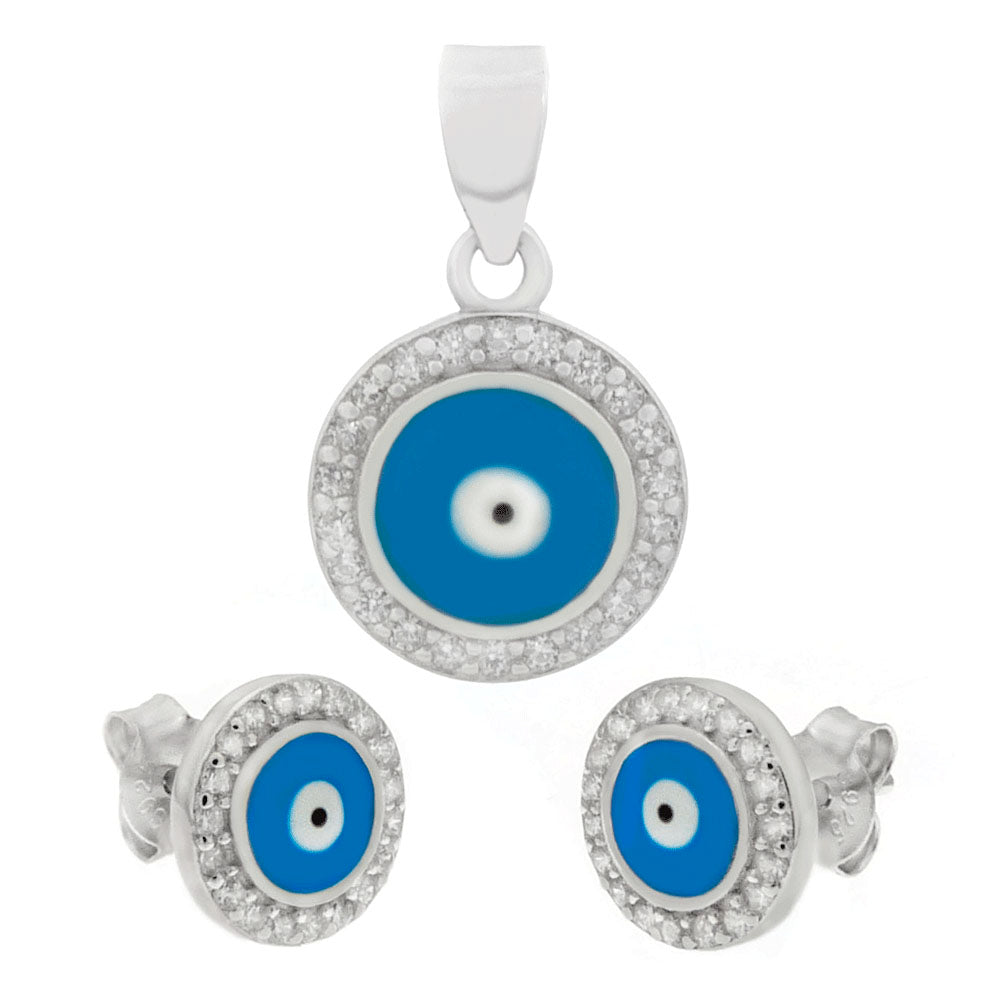 Light Blue Evil Eye Earrings Pendant Set