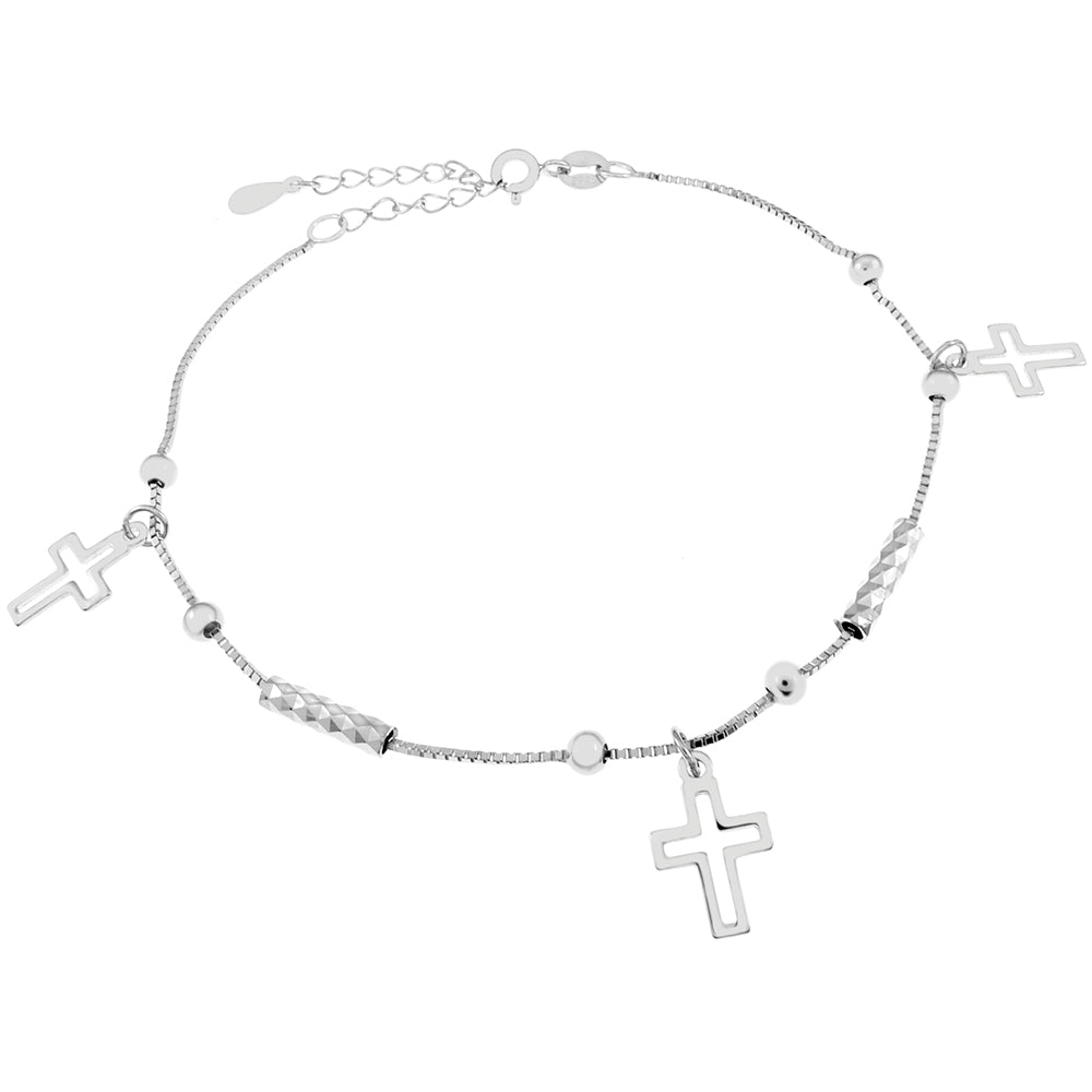 Cutout Cross Sterling Silver Rhodium Charm Bracelet
