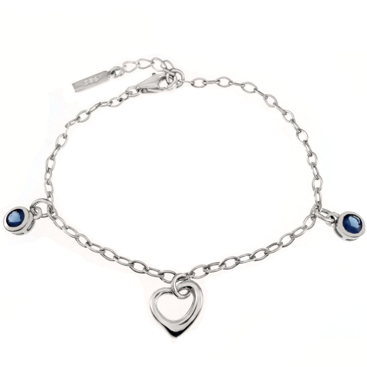 Sapphire Blue Stone & Heart Silver Bracelet