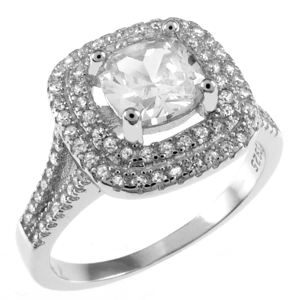 Sterling Silver 6mm Princess Cut Halo Engagement Ring