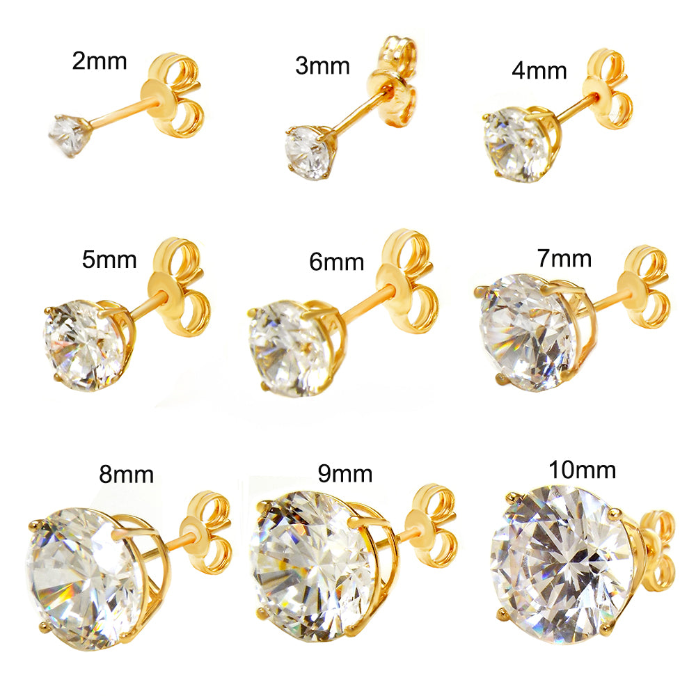 14K Gold Round CZ Push Back Stud Earrings