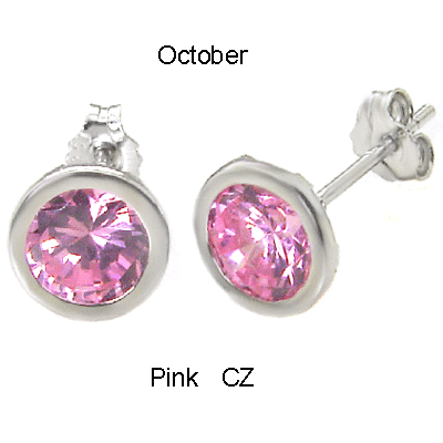 .925 Silver 7MM Round Pink CZ Bezel Stamping Stud Earrings