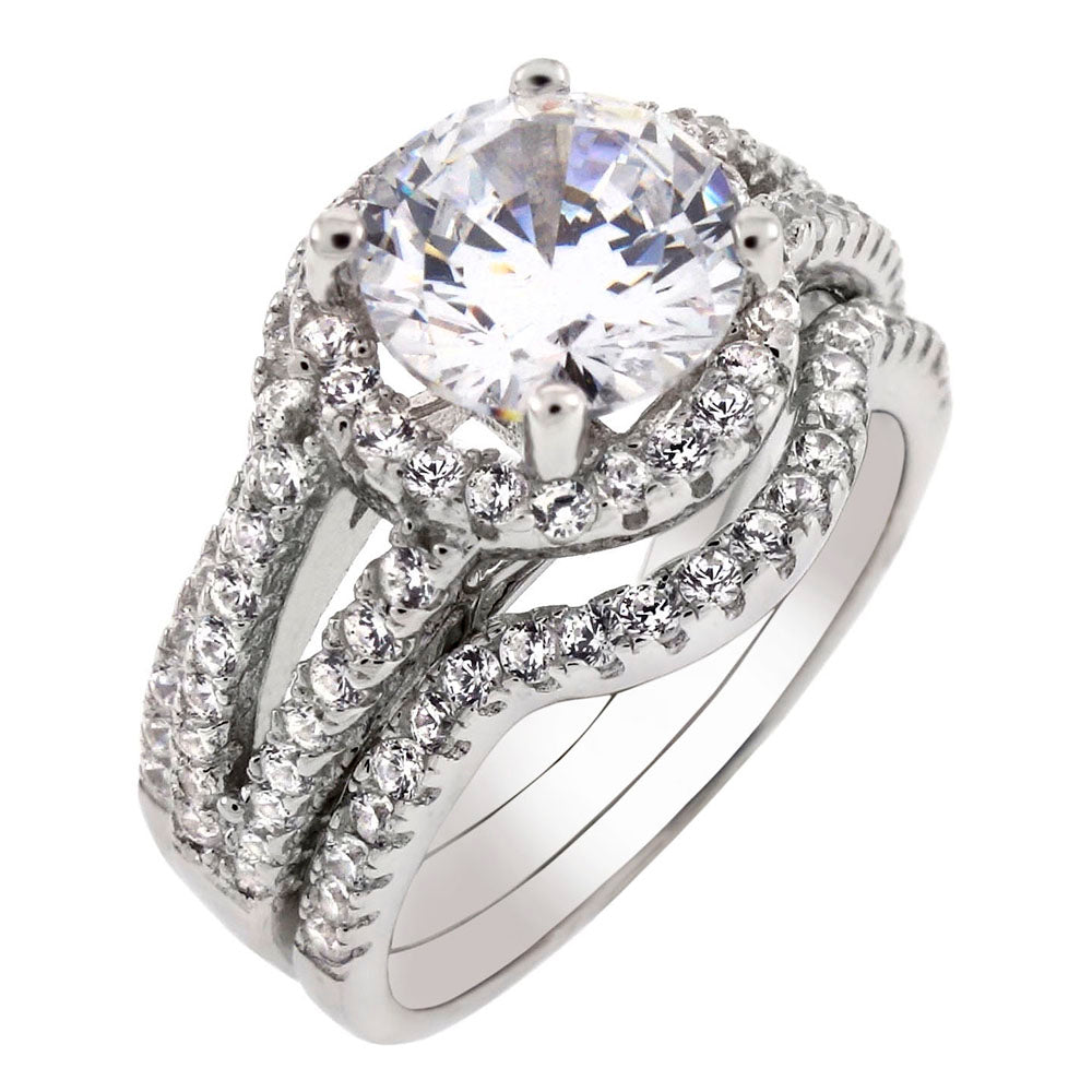7mm Round Cut Halo Cubic Zirconia Sterling Silver 3 Piece Bridal Ring Set