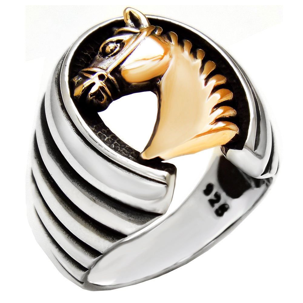 Sterling Silver Horseshoe Brass Horse Head Oxidized Ring