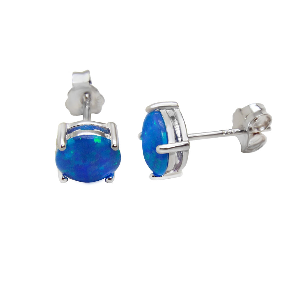 Round Blue Lab Opal Silver Rhodium Stud Earrings