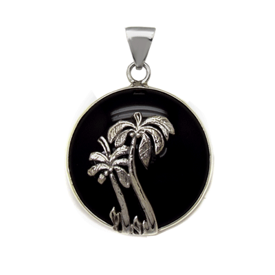 Sterling Silver Oxidized PalmTree W Black Onyx Pendant