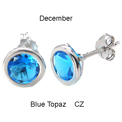 .925 Silver 7MM Round CZ Blue Topaz Bezel Stamping Stud Earrings