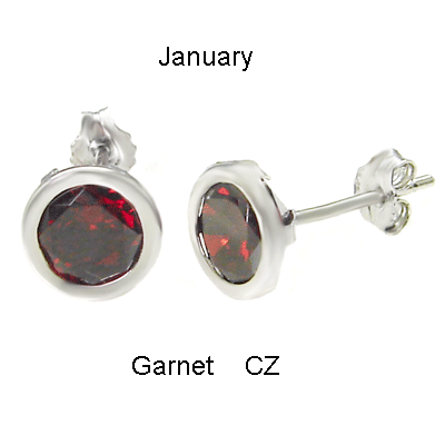 .925 Silver 7MM Round CZ Garnet Bezel Stamping Stud Earrings