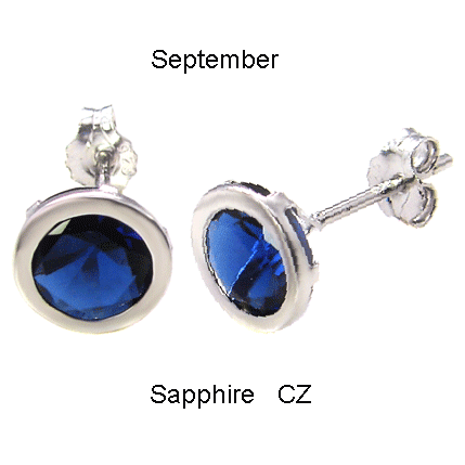 .925 Silver 7MM Round CZ Sapphire Bezel Stamping Stud Earrings