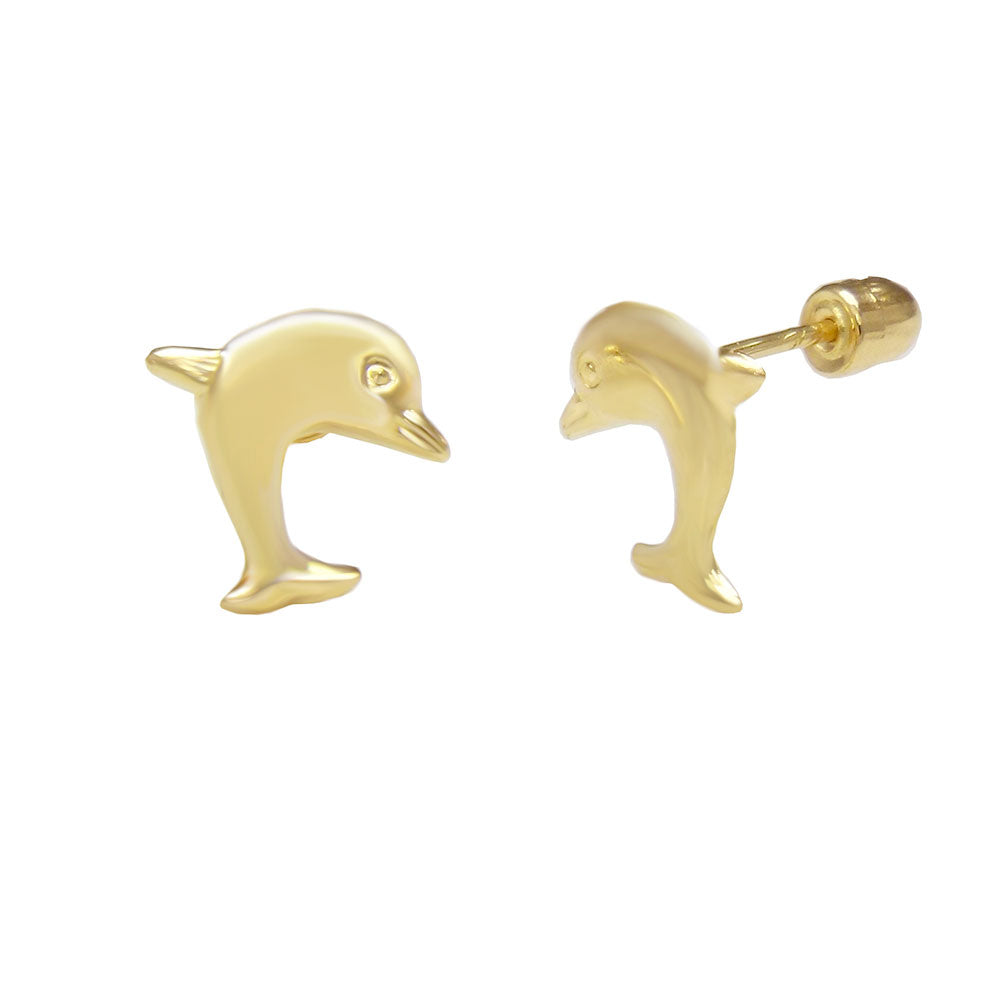 14K Gold Dolphin Stud Earrings Screw Back