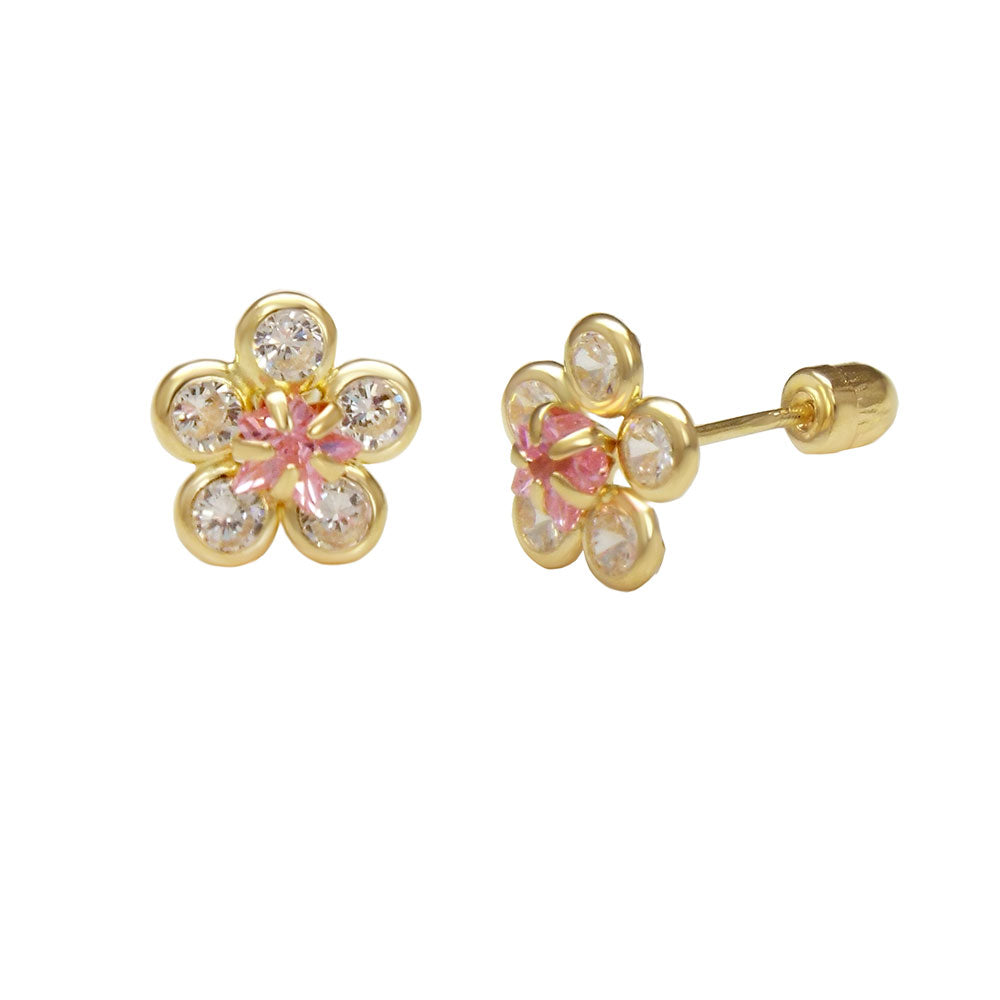 14K Gold Flower Screw Back Stud Earrings
