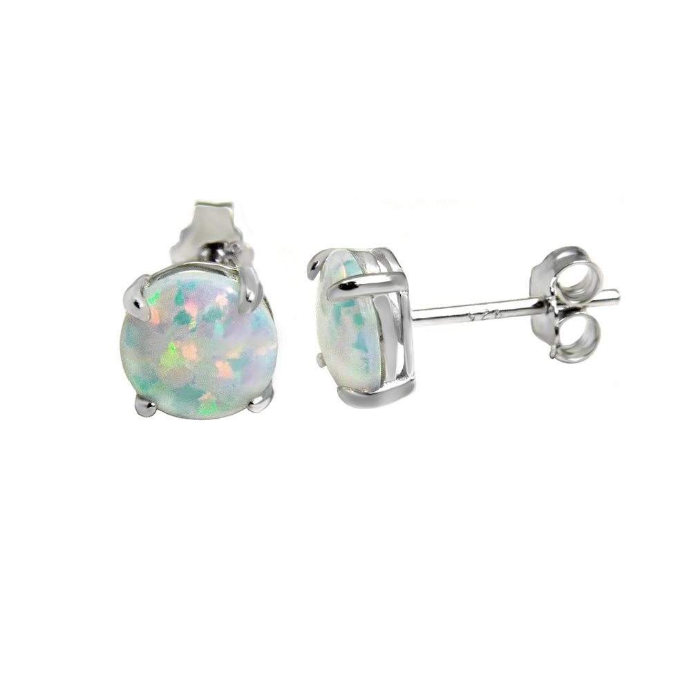 Sterling Silver Lab White Opal 7mm Rhodium Stud Earrings