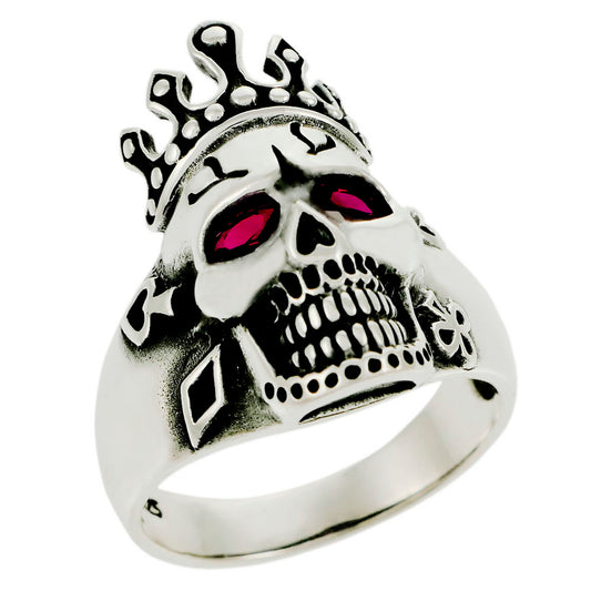 Sterling Silver Red Eyes Skull with Crown Oxidized Ring