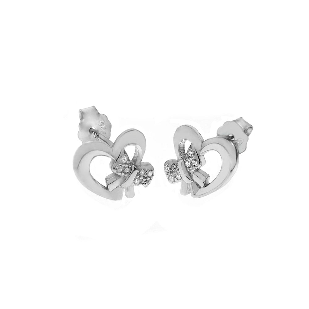 CZ Bow Heart Sterling Silver Rhodium Stud Earrings