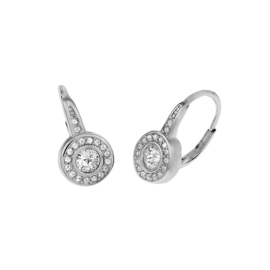 Halo CZ Lever Back Drop Earrings Rhodium