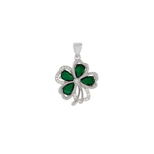 Green Four Leaf Clover CZ Sterling Silver Pendant